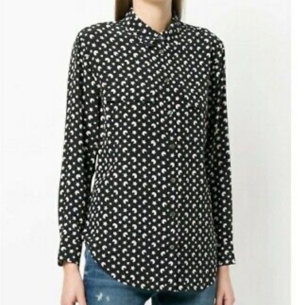 Equipment black, white & pink moon & stars button up silk blouse